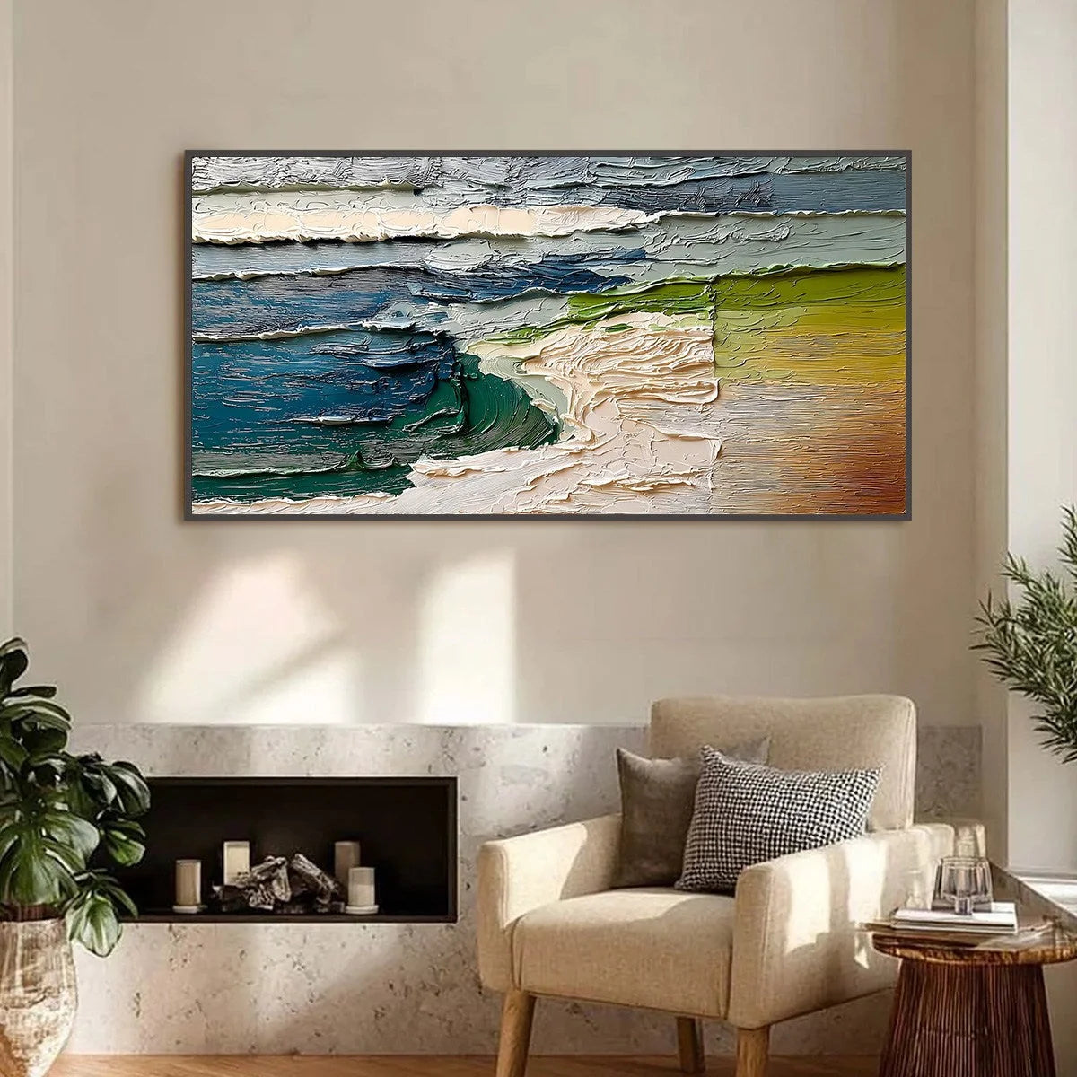 TERRA'S EDGE: Textured Wabi Sabi Coastal Abstract Painting | Abstract closeup, raised brushwork detail