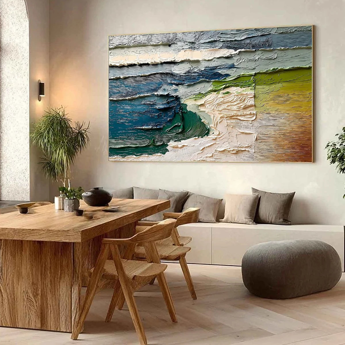 TERRA'S EDGE: Textured Wabi Sabi Coastal Abstract Painting | gold frame stretched on neutral wall