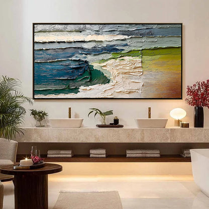 TERRA'S EDGE: Textured Wabi Sabi Coastal Abstract Painting | black frame version on white wall