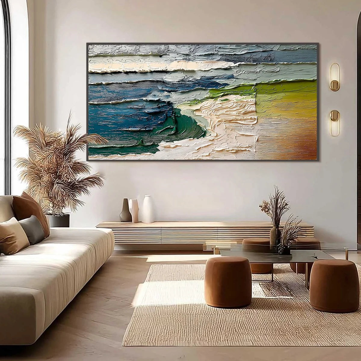 TERRA'S EDGE: Textured Wabi Sabi Coastal Abstract Painting | Abstract mood, soft natural light studio shot