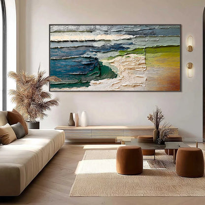 TERRA'S EDGE: Textured Wabi Sabi Coastal Abstract Painting | Abstract mood, soft natural light studio shot