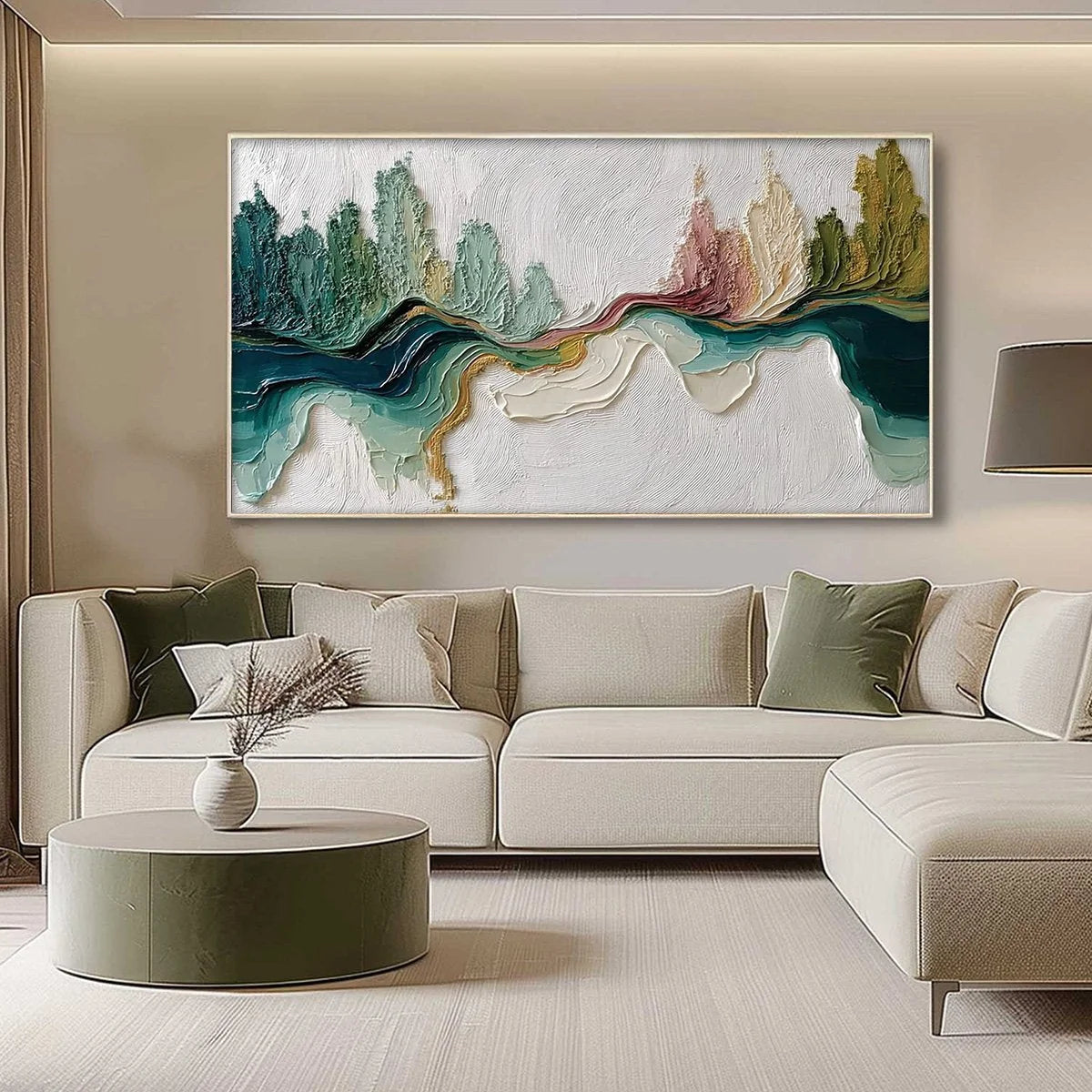 TERRA'S VEINS: Textured Abstract Landscape Impasto Oil Painting | gold frame stretched on neutral wall