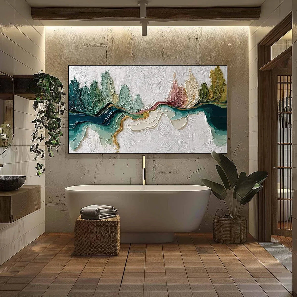 TERRA'S VEINS: Textured Abstract Landscape Impasto Oil Painting | black frame version on white wall