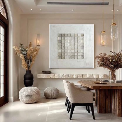 TESSELLATION: Textured Minimalist Abstract White Oil Painting | gold frame stretched on neutral wall