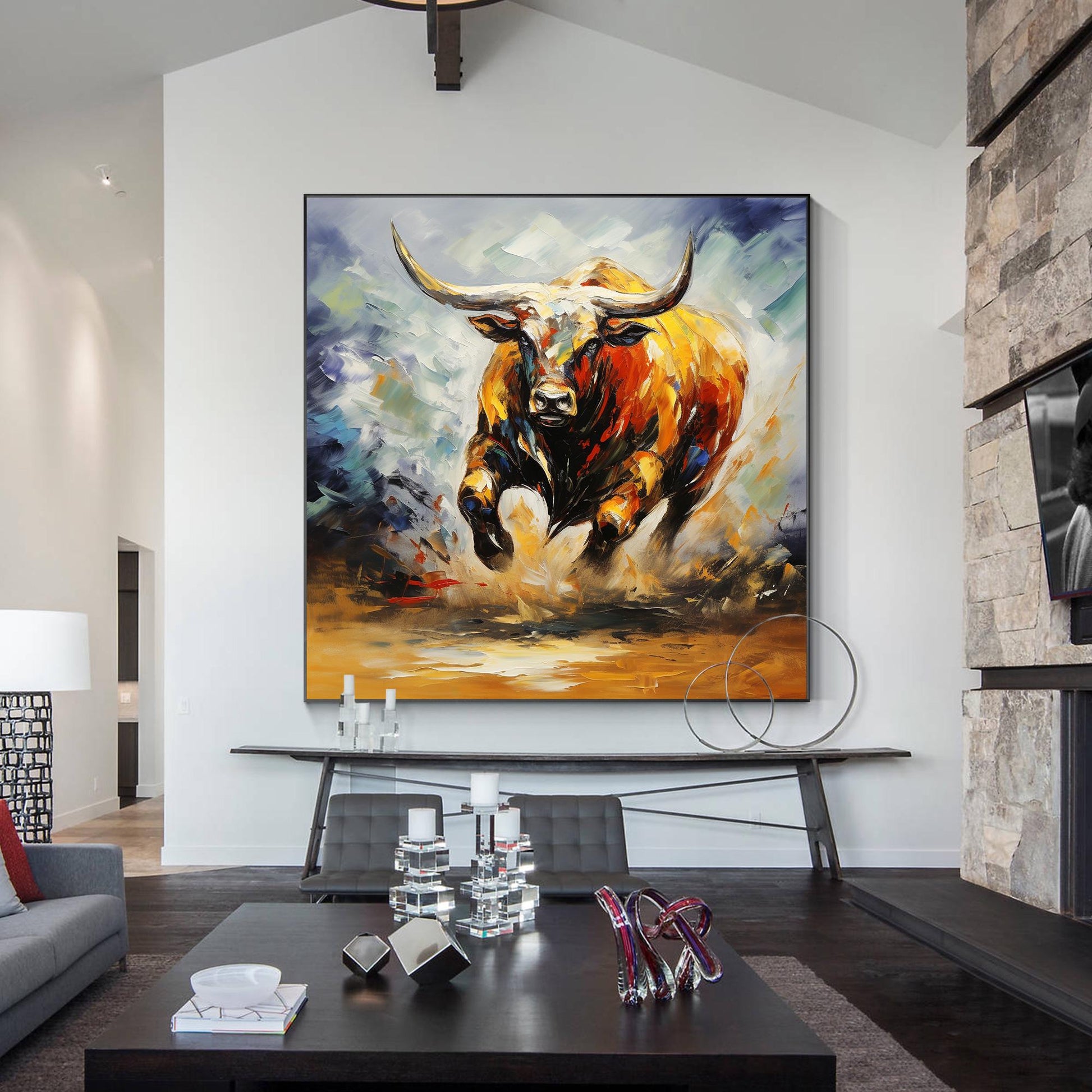 Textured 3D Bull Painting: Extra Large Farmhouse Wall Art #1