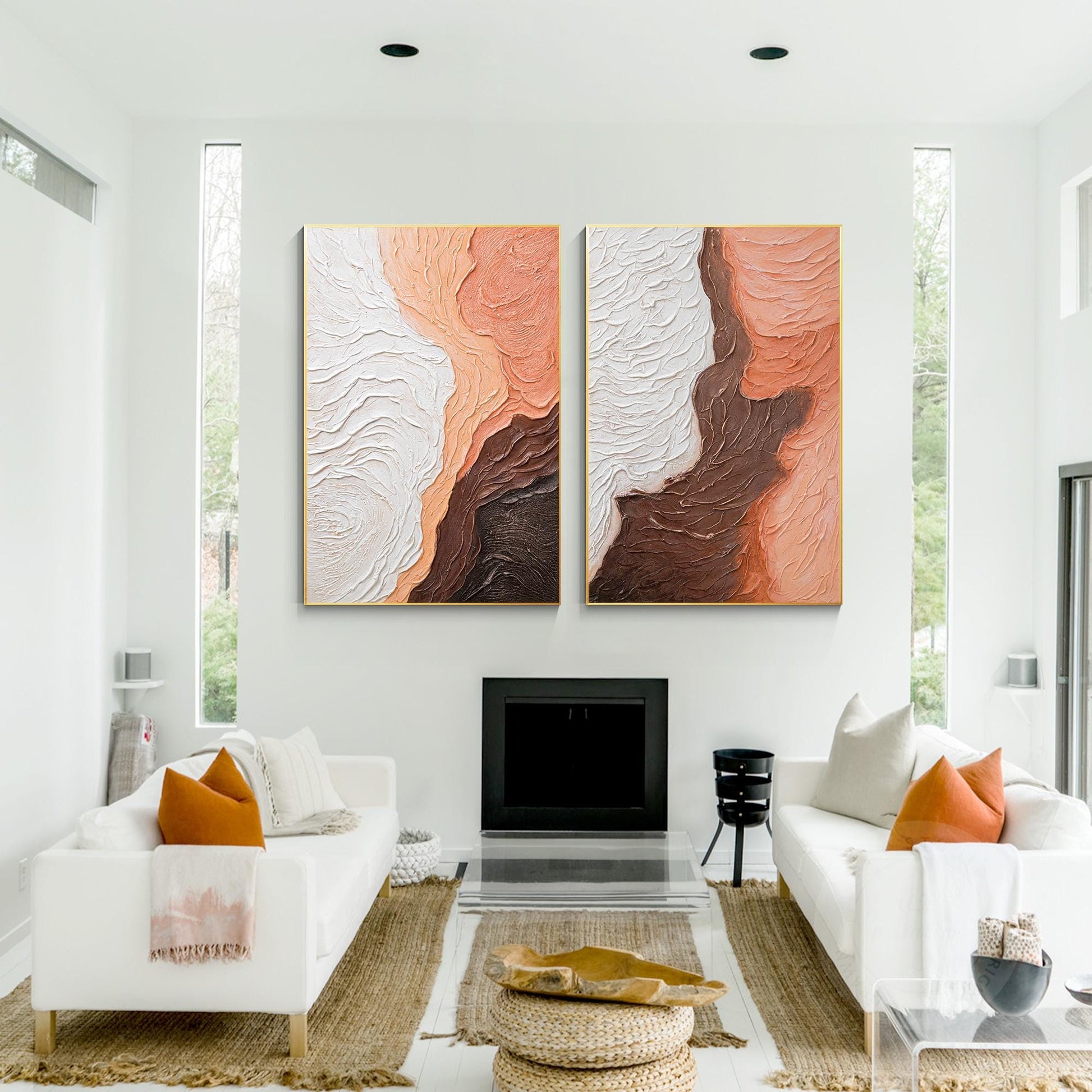 Textured Abstract Diptych Wall Art: Earth Tone Wabi Sabi Canvas Painting Set #3