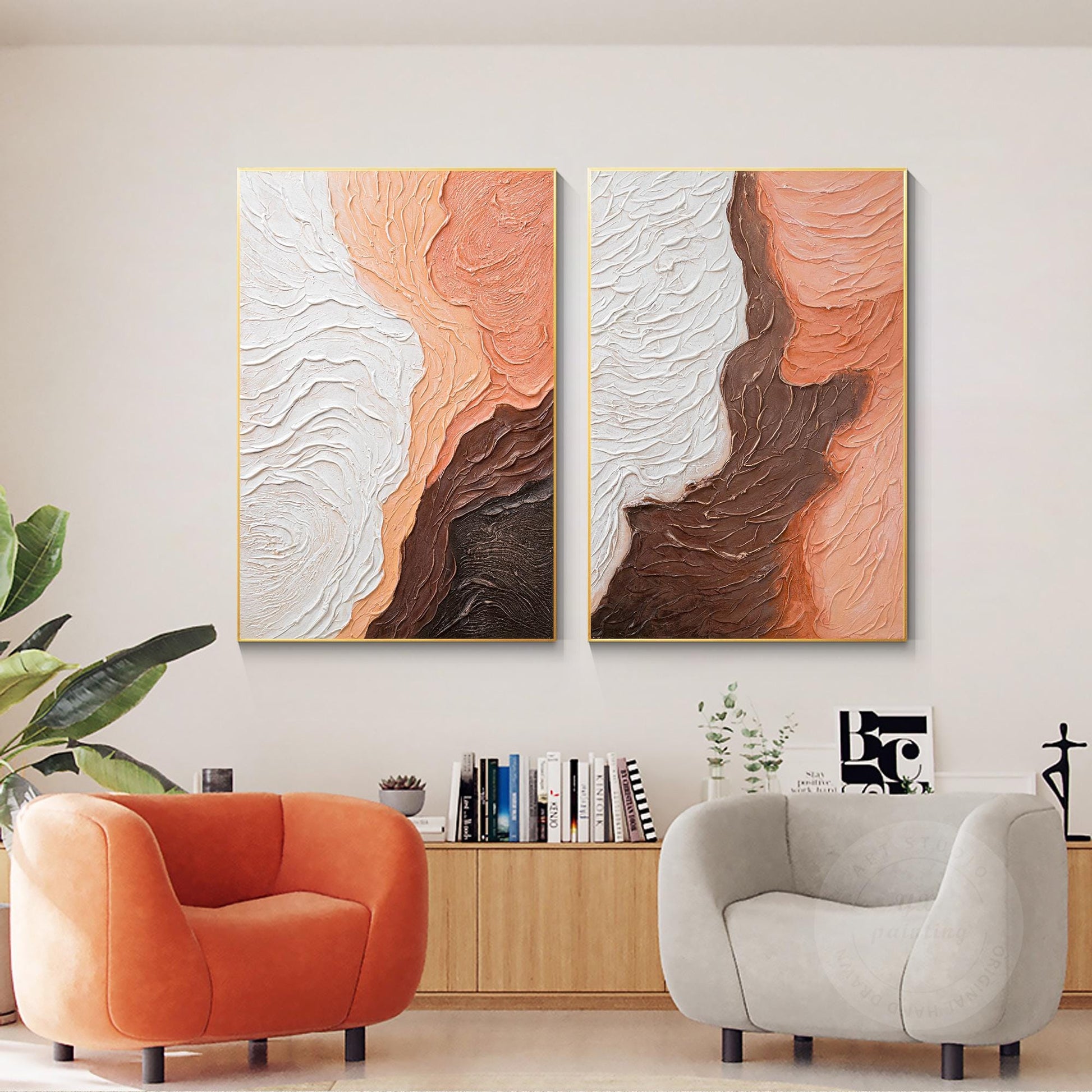 Textured Abstract Diptych Wall Art: Earth Tone Wabi Sabi Canvas Painting Set #6