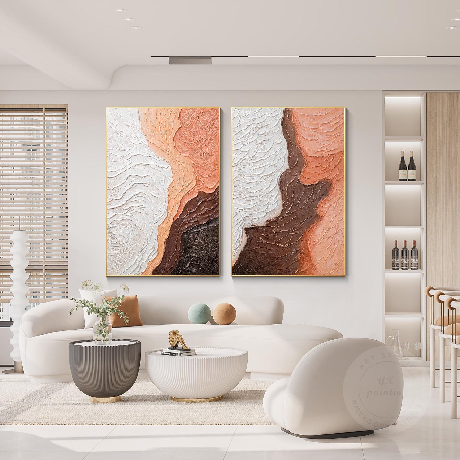 Textured Abstract Diptych Wall Art: Earth Tone Wabi Sabi Canvas Painting Set #1