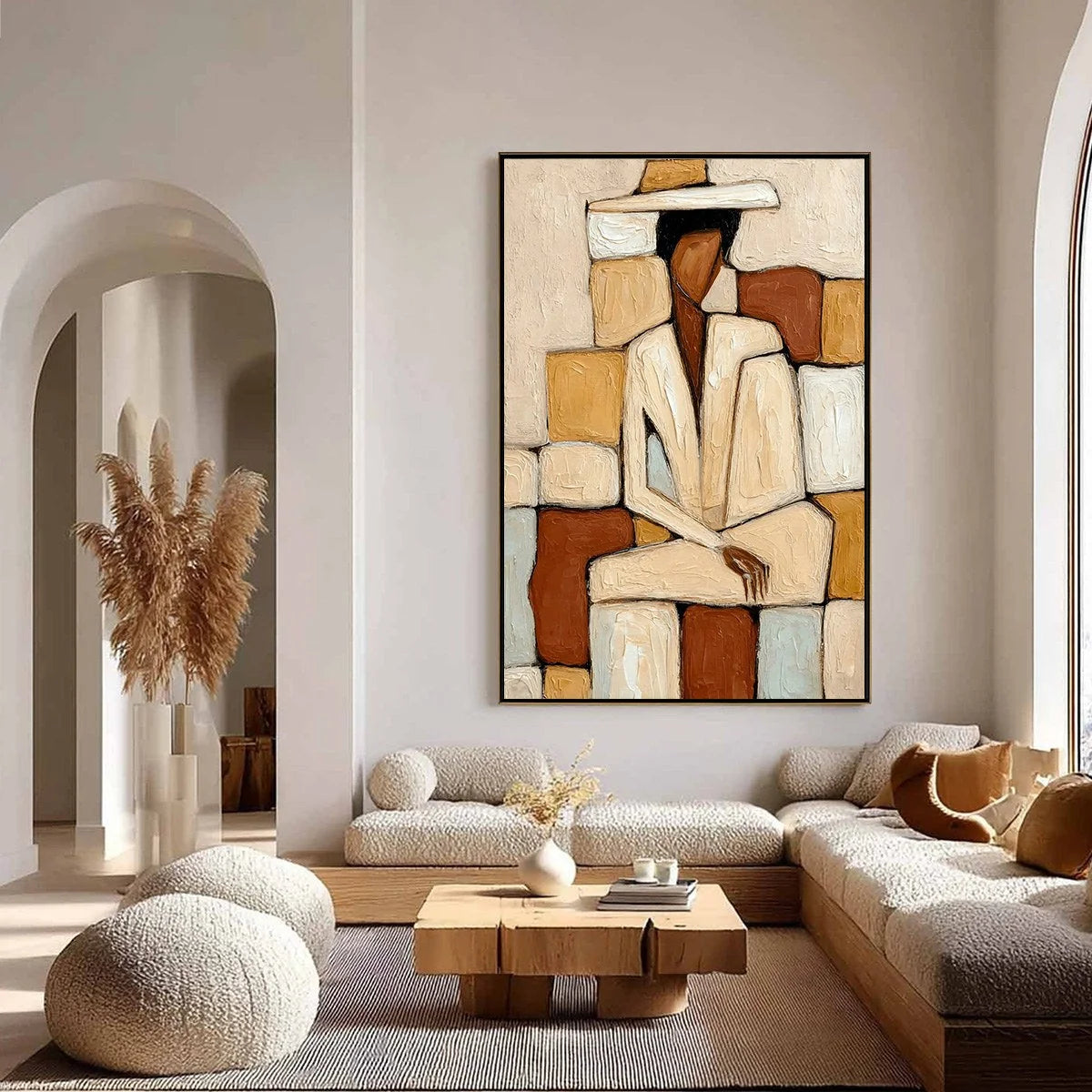 SOLITUDE: Textured Abstract Figurative Painting in Earth Tones | gold frame stretched on neutral wall