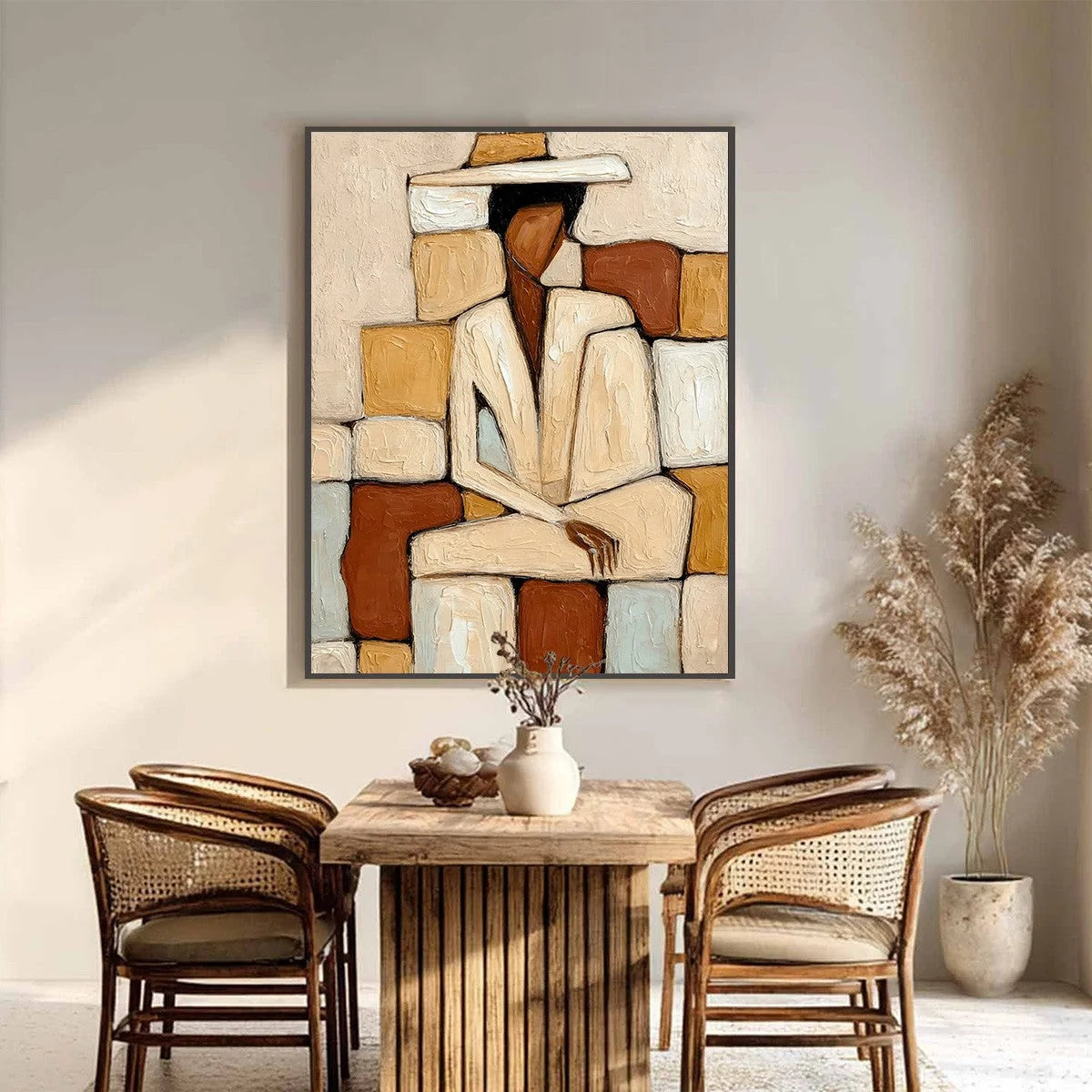 SOLITUDE: Textured Abstract Figurative Painting in Earth Tones | black frame version on white wall
