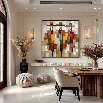 THE COMPANIONS: Textured Abstract Figurative Painting | gold frame stretched on neutral wall