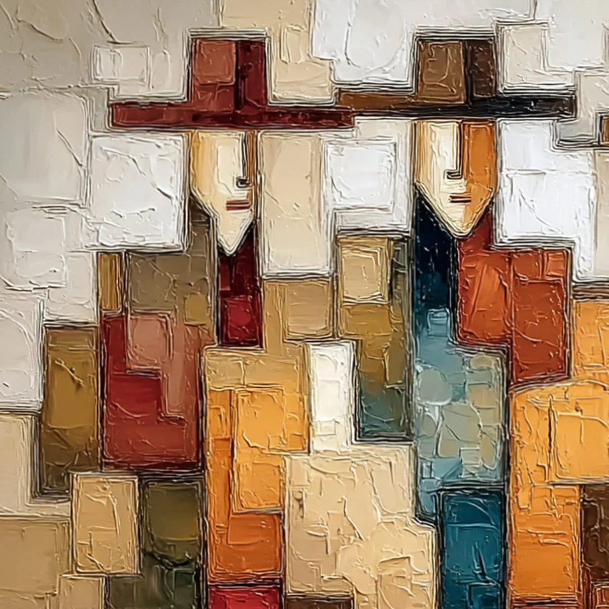 THE COMPANIONS: Textured Abstract Figurative Painting | rolled canvas, ready for custom framing