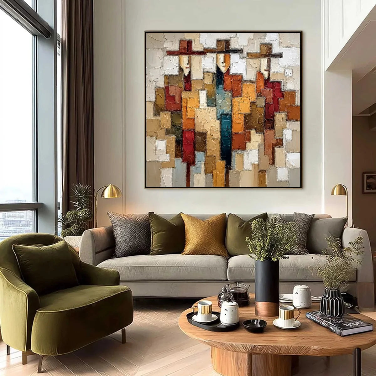 THE COMPANIONS: Textured Abstract Figurative Painting | black frame version on white wall