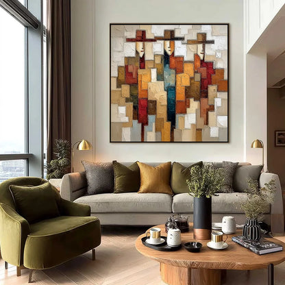 THE COMPANIONS: Textured Abstract Figurative Painting | black frame version on white wall