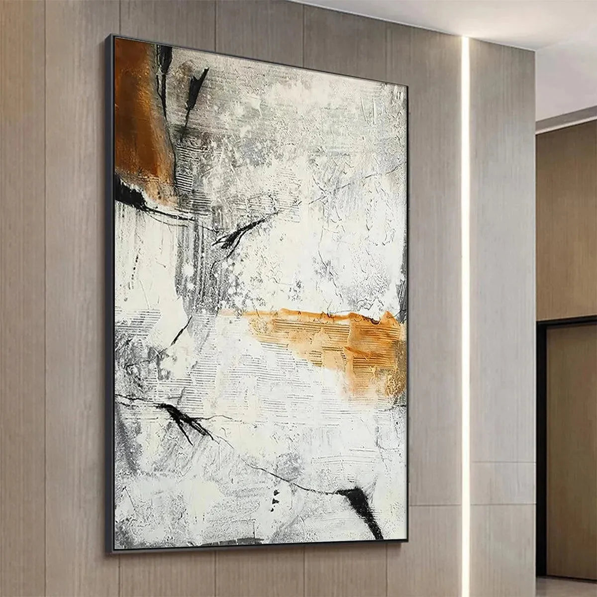 TEXTURED ABSTRACT IN BROWN AND WHITE: Modern Abstract Painting, Vertical Wall Art | rectangular format, hand-painted canvas edge