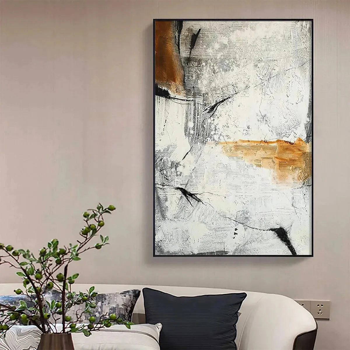 TEXTURED ABSTRACT IN BROWN AND WHITE: Modern Abstract Painting, Vertical Wall Art | black frame version on white wall