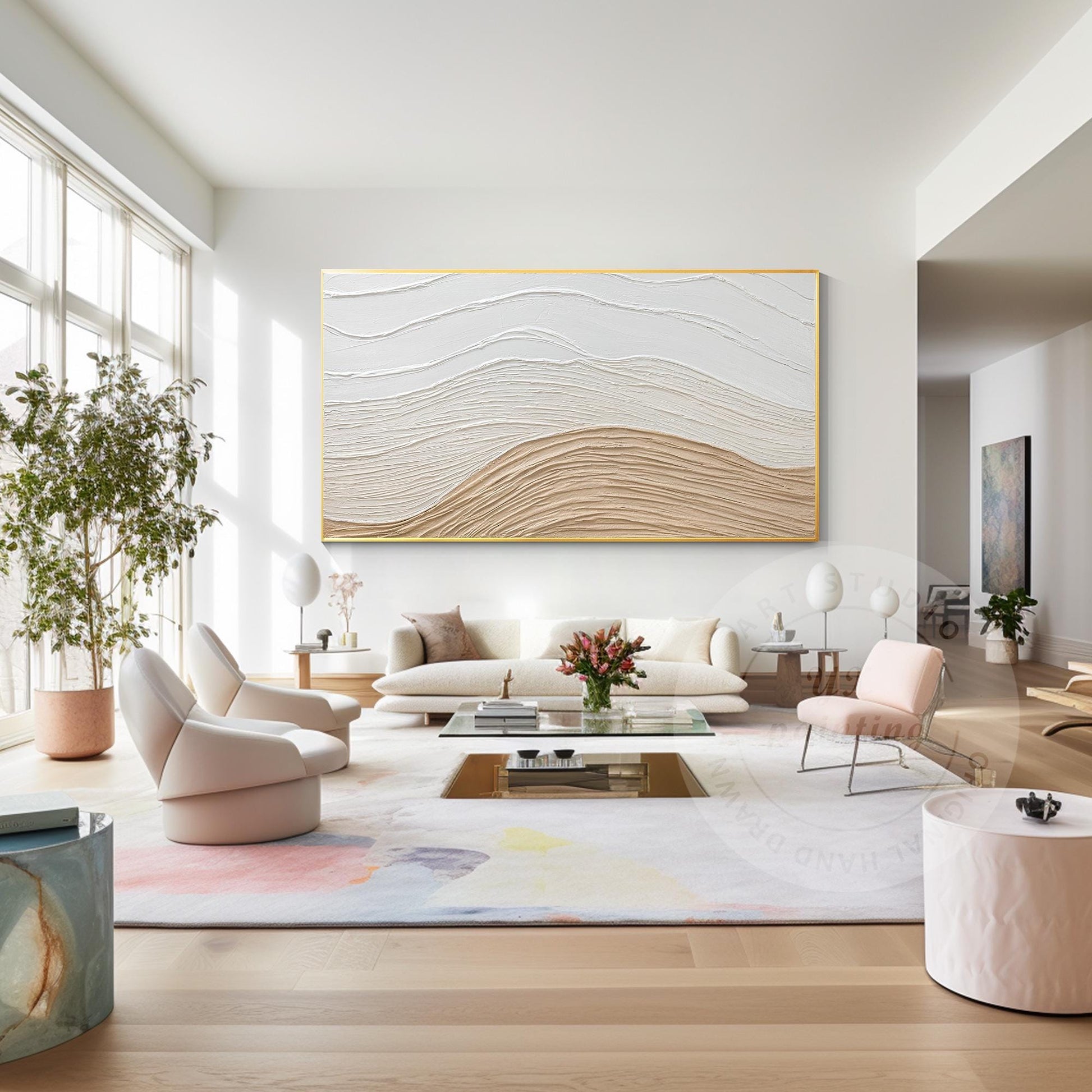 Textured Abstract Painting: Beige Wave, Earth Tone Canvas Wall Decor #4