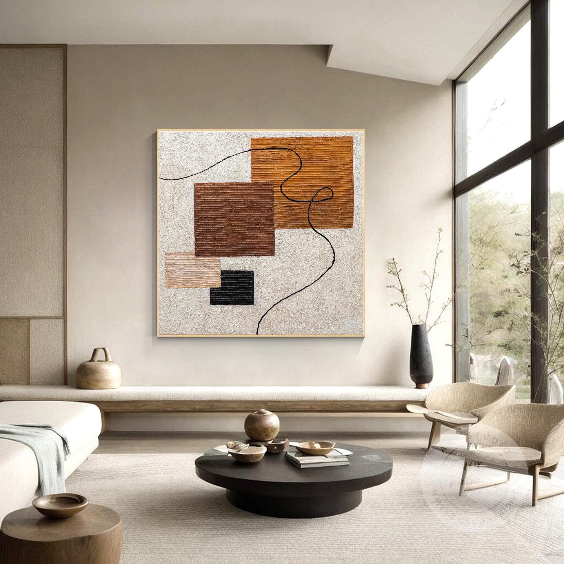 Textured Abstract Painting: Earth Tone Geometric Canvas Wall Art #2
