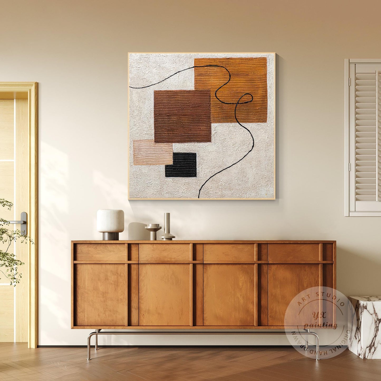Textured Abstract Painting: Earth Tone Geometric Canvas Wall Art #5
