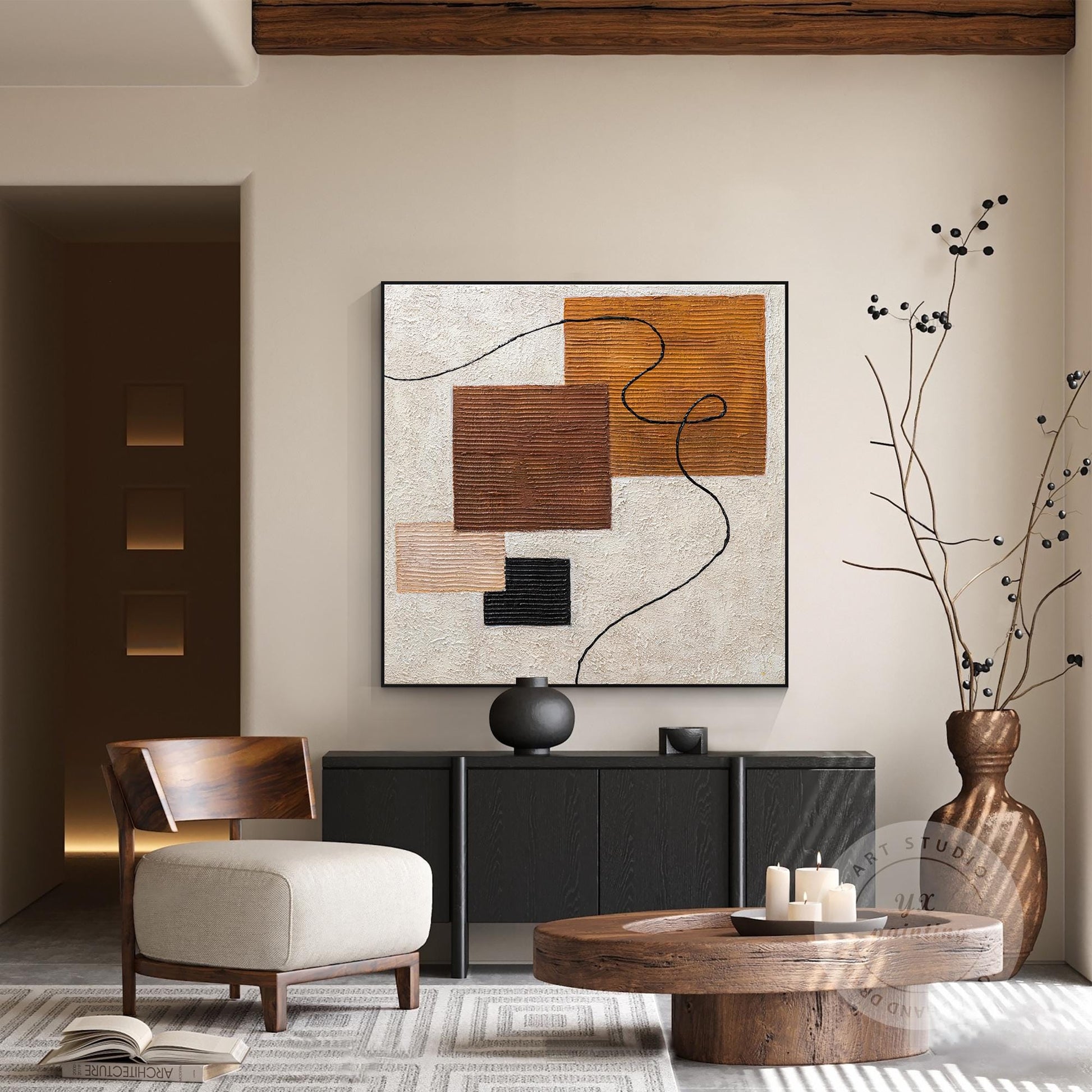 Textured Abstract Painting: Earth Tone Geometric Canvas Wall Art #1