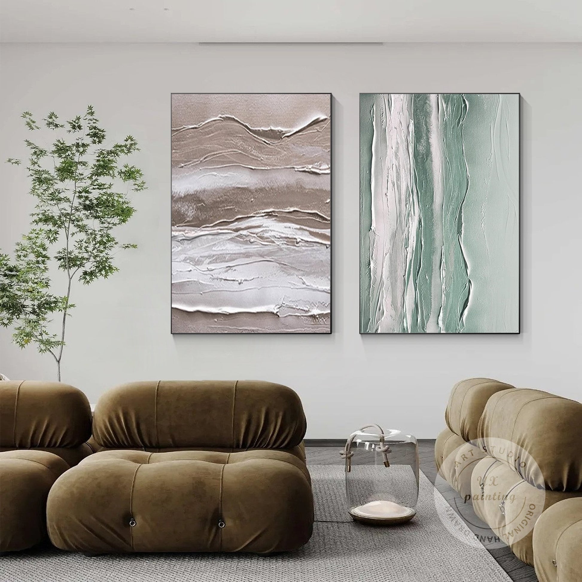 Textured Abstract Painting Set: Beige, Green, & White Canvas Art #2
