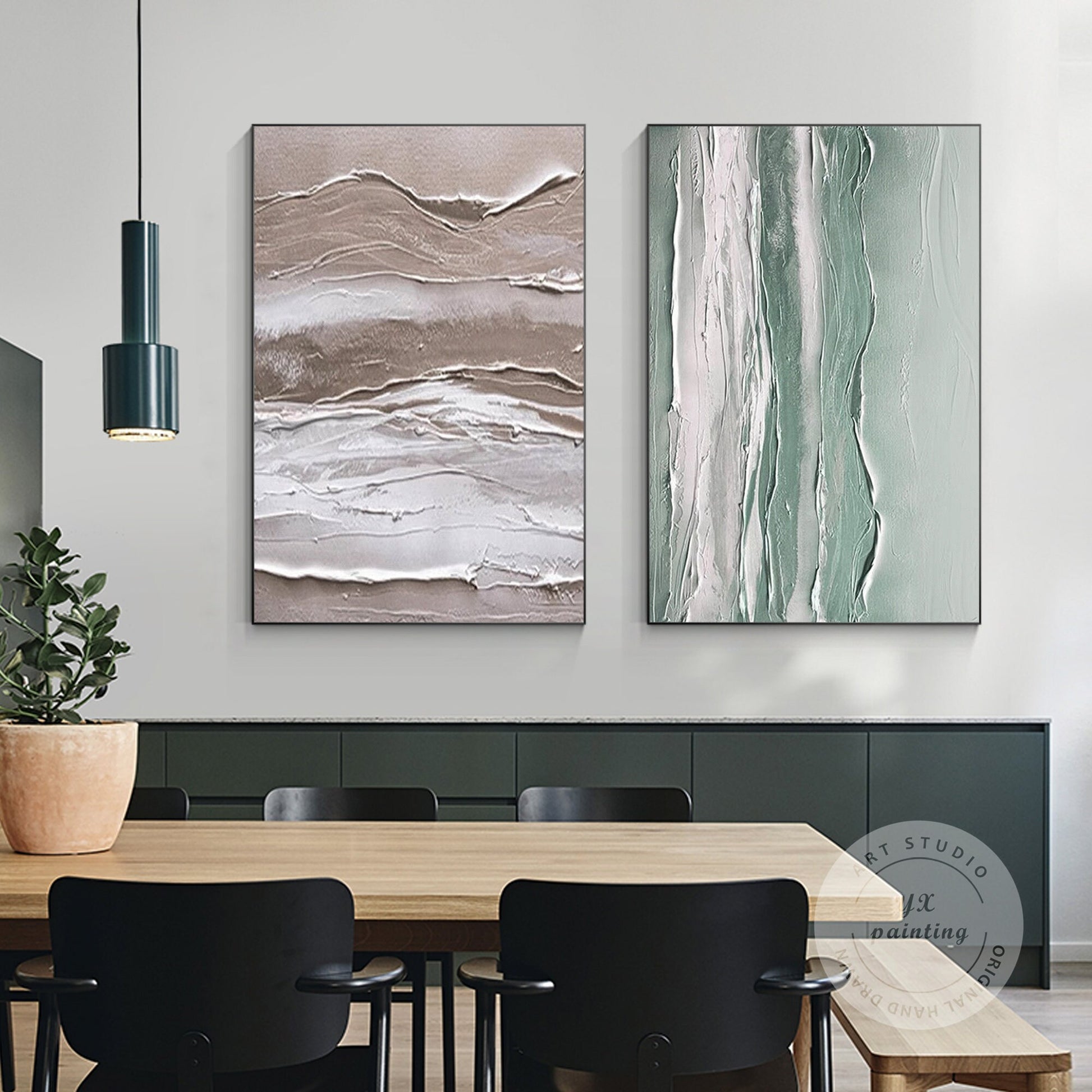 Textured Abstract Painting Set: Beige, Green, & White Canvas Art #5