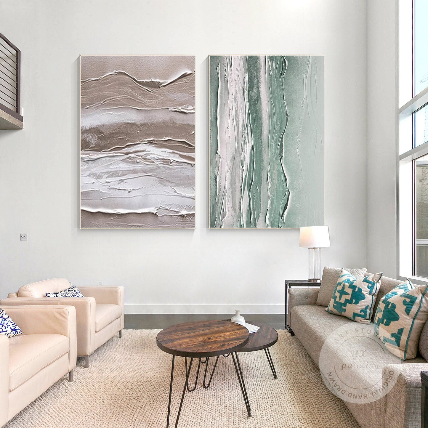 Textured Abstract Painting Set: Beige, Green, & White Canvas Art #1