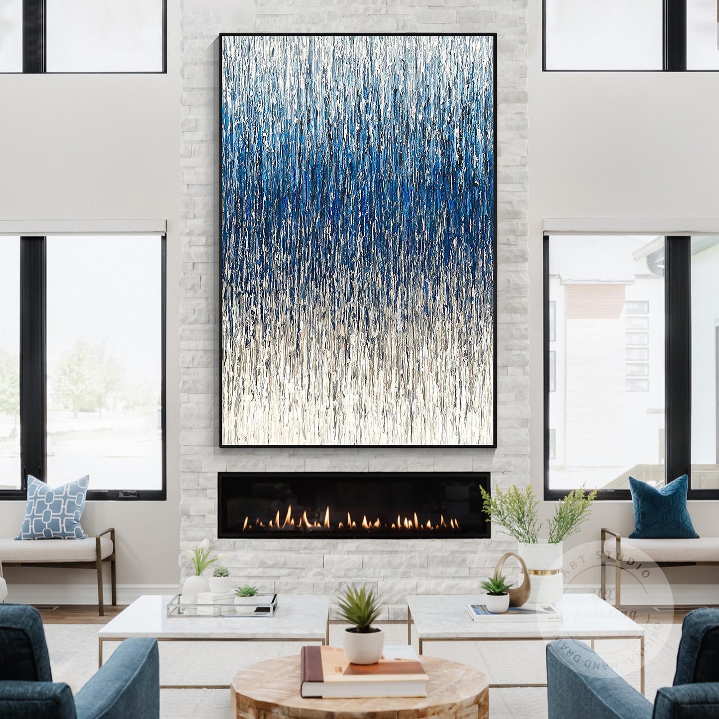 Textured Abstract Painting: Steel Blue Gray 3D Vertical Wall Art #2