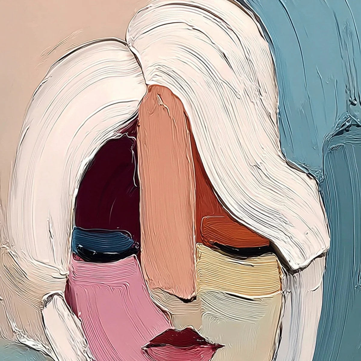 FRAGMENTED GAZE: Textured Abstract Portrait Oil Painting for Modern Decor | rectangular format, hand-painted canvas edge