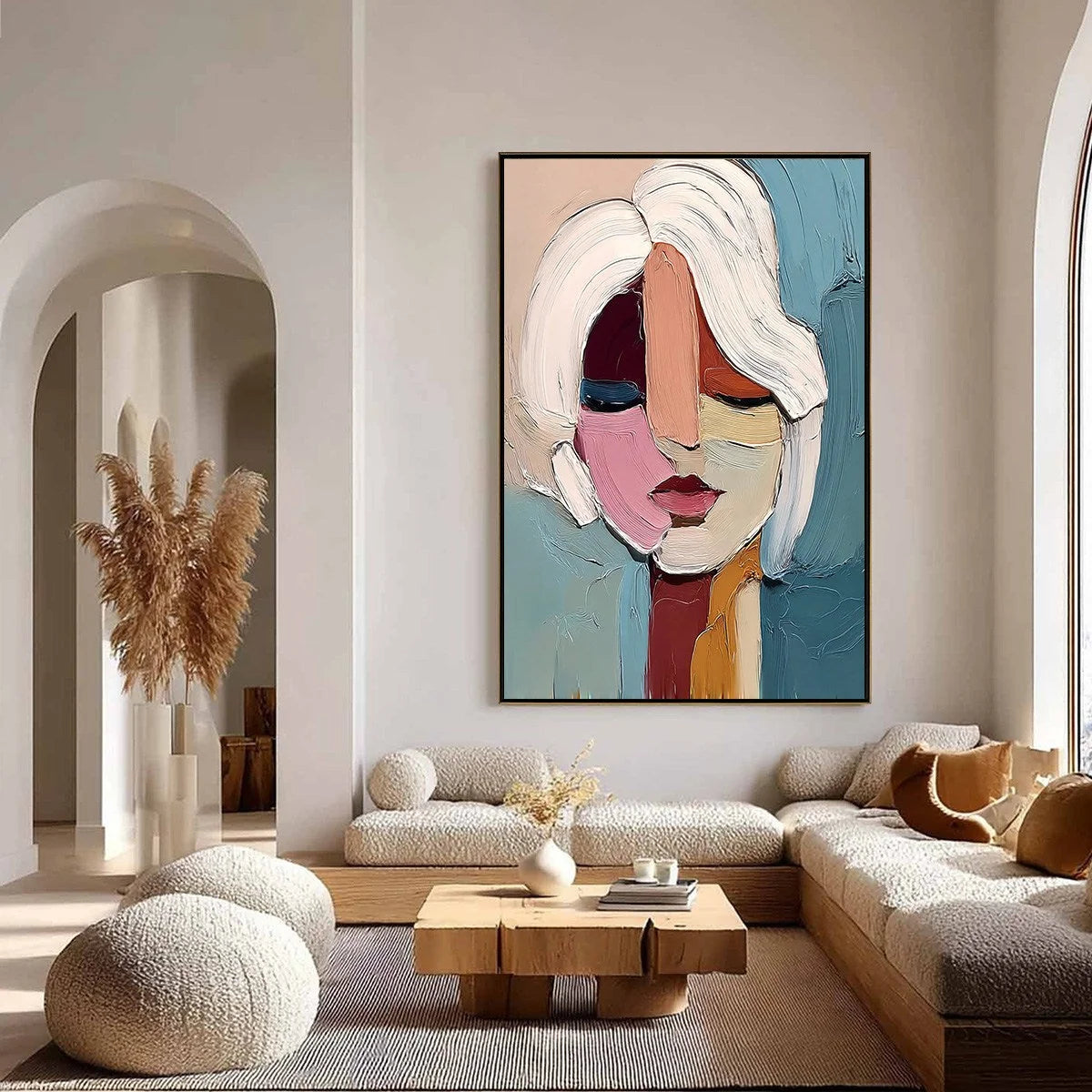 FRAGMENTED GAZE: Textured Abstract Portrait Oil Painting for Modern Decor | gold frame stretched on neutral wall