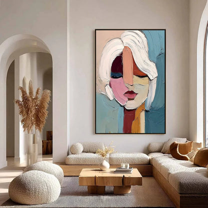 FRAGMENTED GAZE: Textured Abstract Portrait Oil Painting for Modern Decor | gold frame stretched on neutral wall