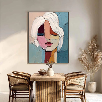 FRAGMENTED GAZE: Textured Abstract Portrait Oil Painting for Modern Decor | black frame version on white wall