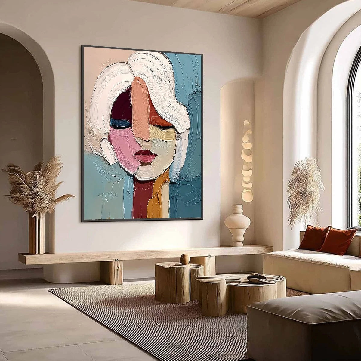 FRAGMENTED GAZE: Textured Abstract Portrait Oil Painting for Modern Decor | Abstract mood, soft natural light studio shot