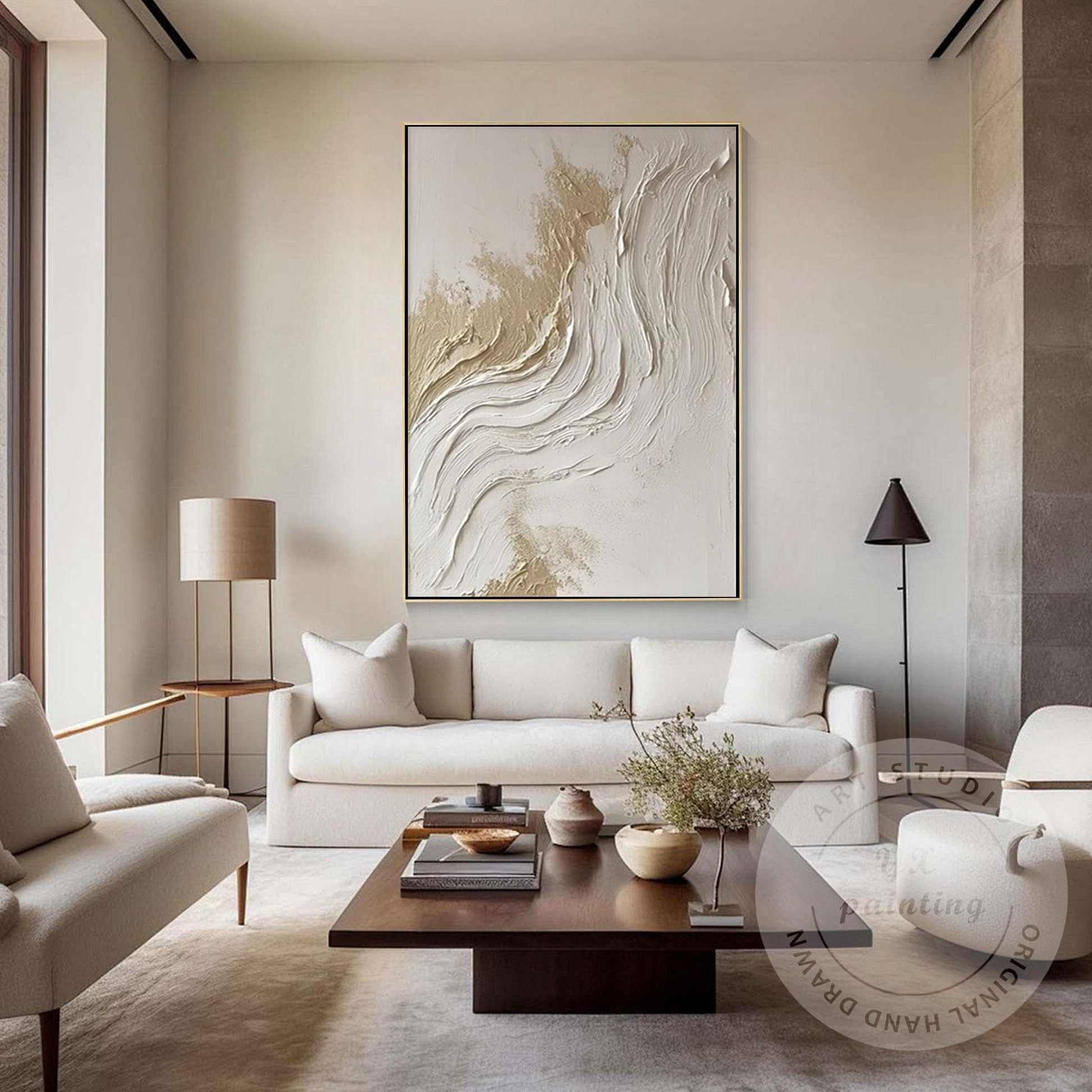 Textured Abstract Wall Art Canvas, Neutral Beige White Painting, Large Minimalis #3