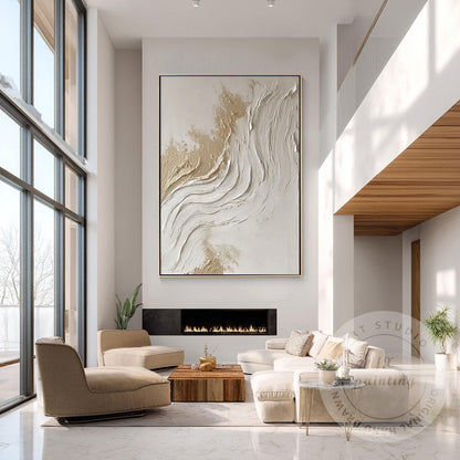Textured Abstract Wall Art Canvas, Neutral Beige White Painting, Large Minimalis #1