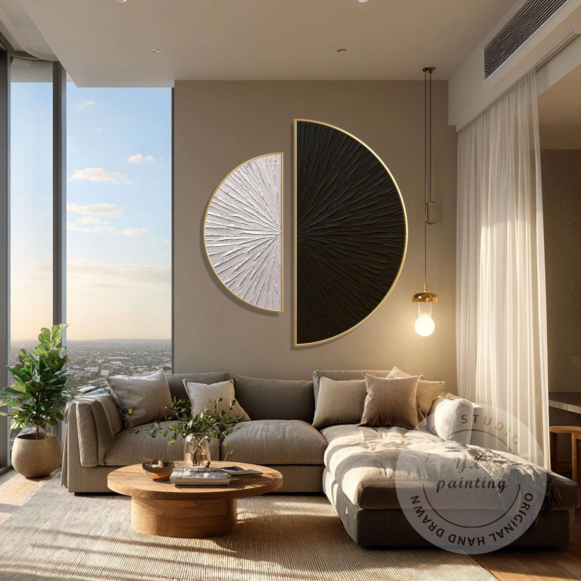 Textured Abstract Wall Art Set Black Beige Semi Circle Canvas Minimalist Modern  #2