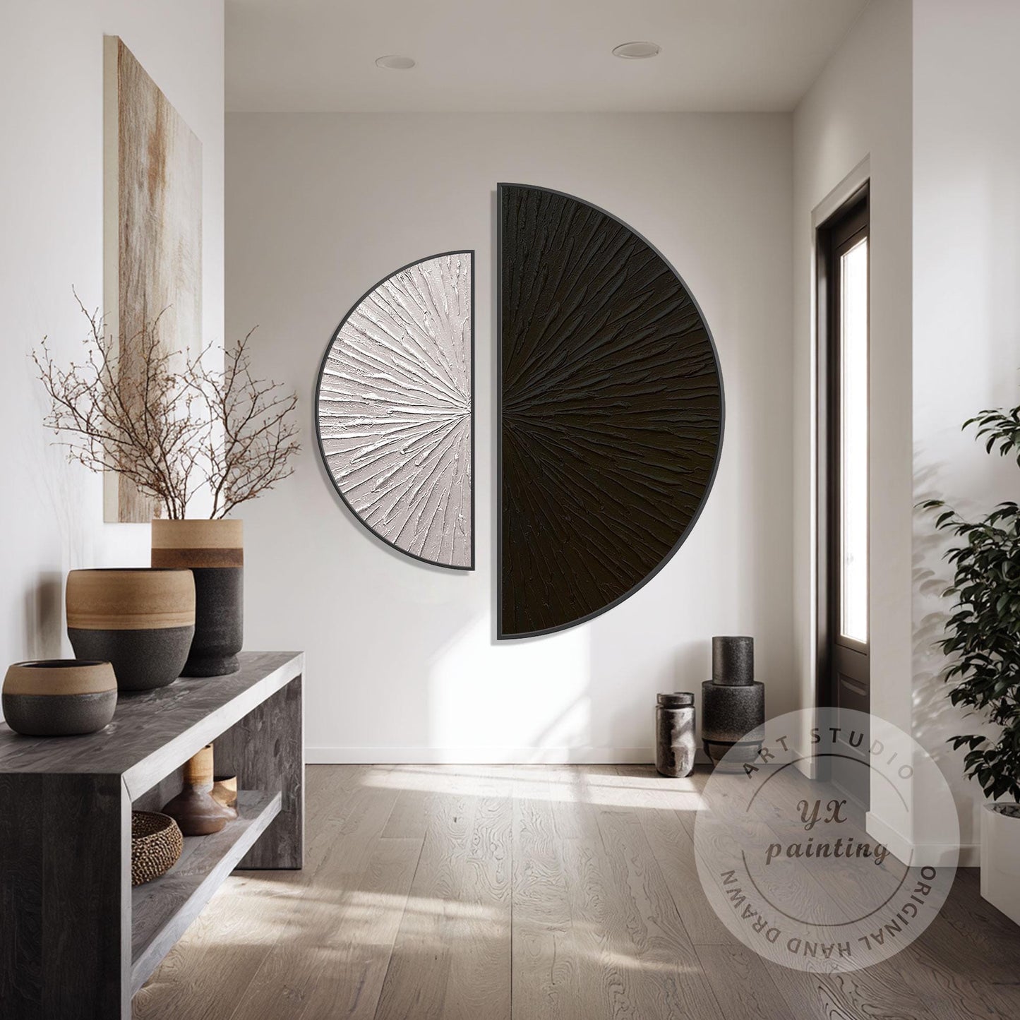 Textured Abstract Wall Art Set Black Beige Semi Circle Canvas Minimalist Modern  #3