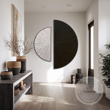 Textured Abstract Wall Art Set Black Beige Semi Circle Canvas Minimalist Modern  #3