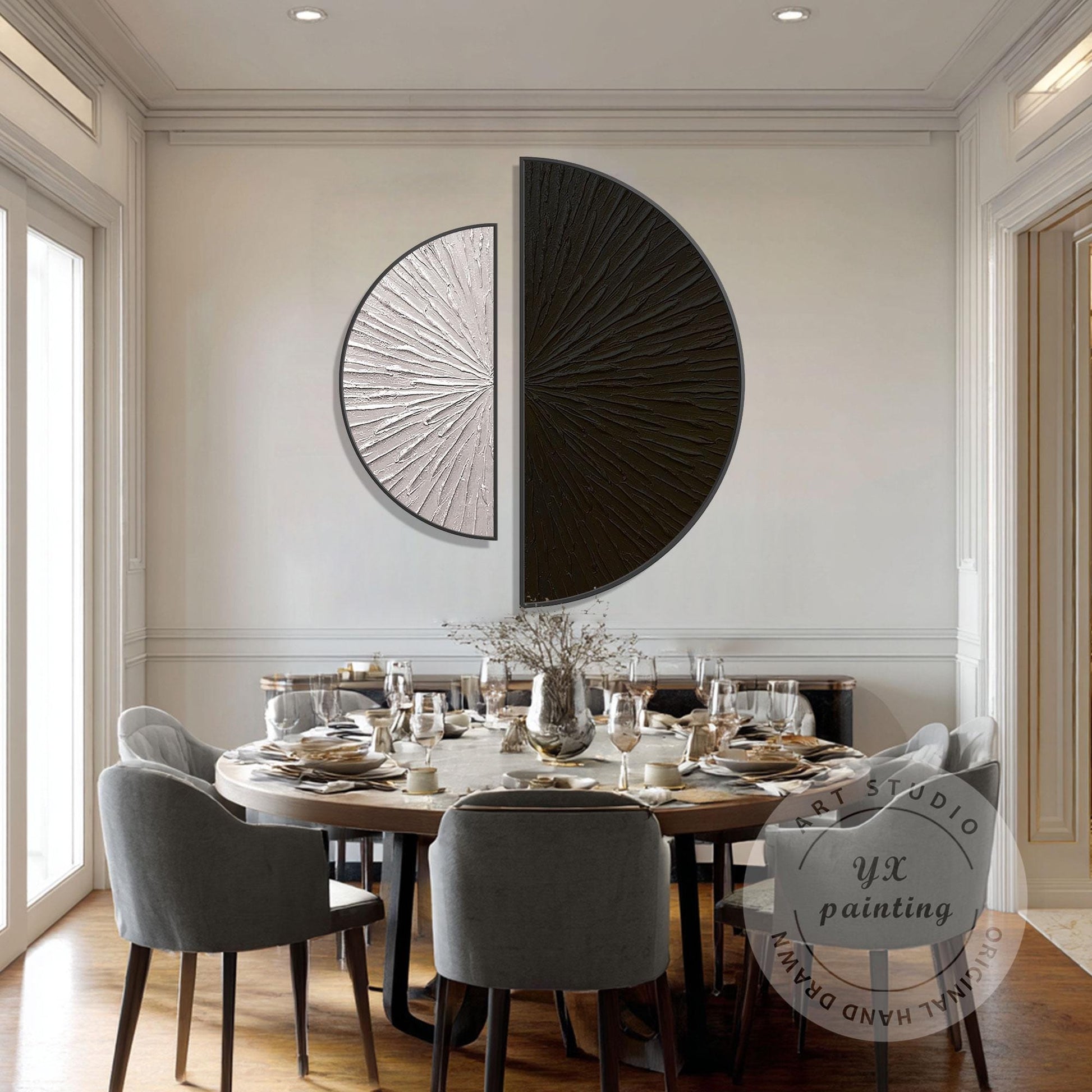Textured Abstract Wall Art Set Black Beige Semi Circle Canvas Minimalist Modern  #4