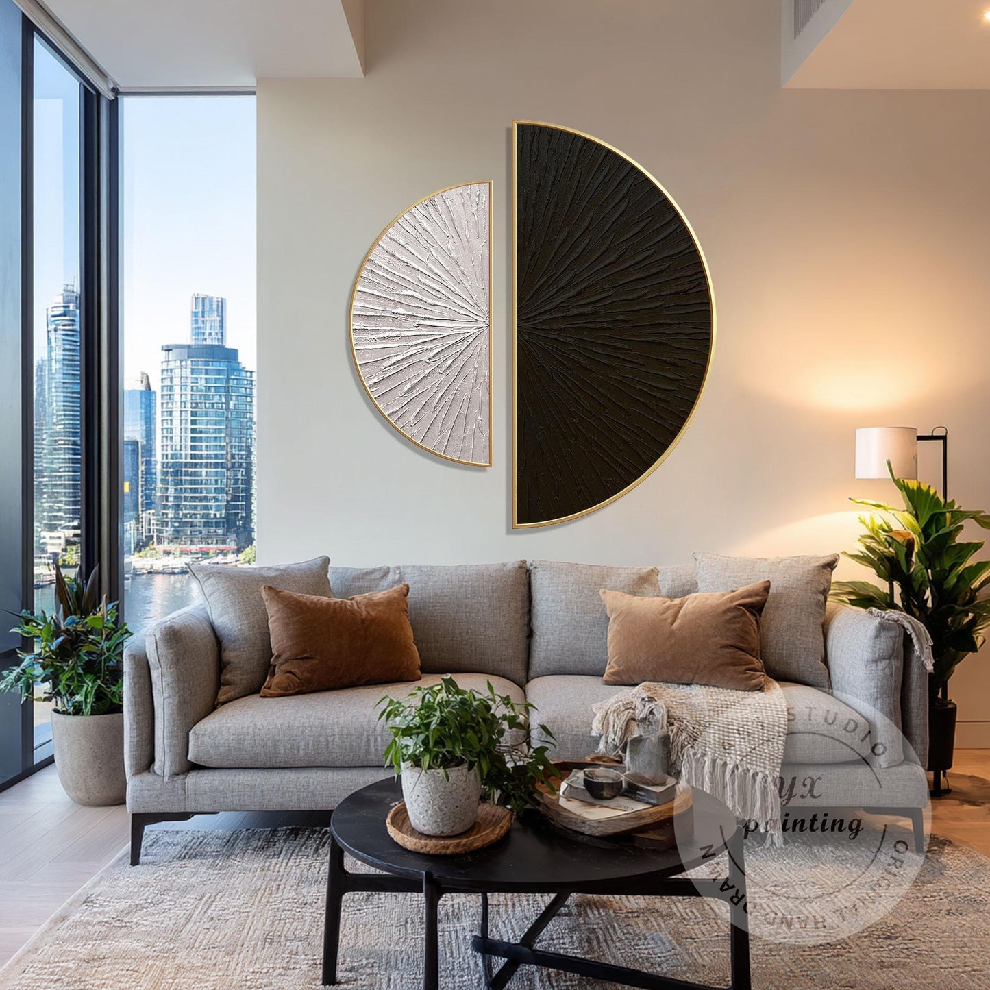 Textured Abstract Wall Art Set Black Beige Semi Circle Canvas Minimalist Modern  #5