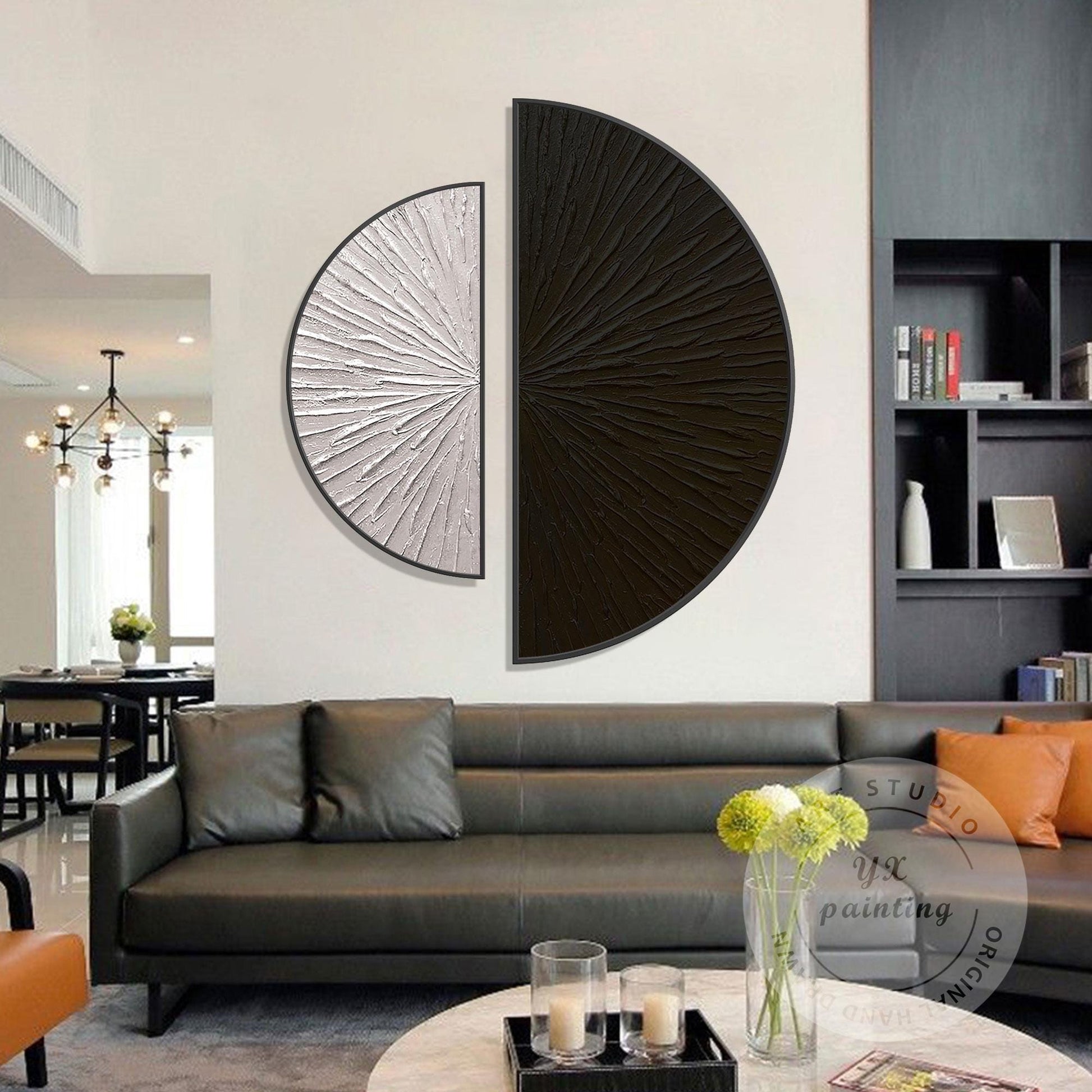 Textured Abstract Wall Art Set Black Beige Semi Circle Canvas Minimalist Modern  #1