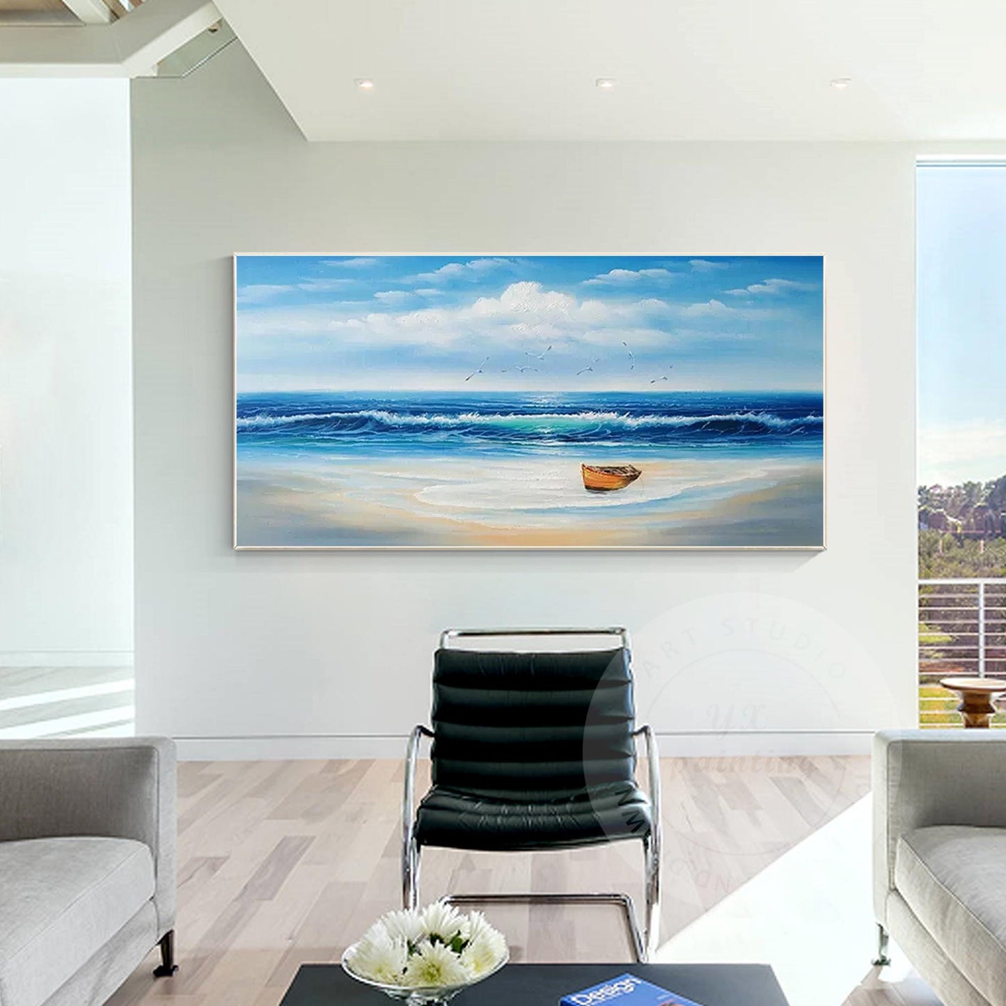 Textured Beach Seascape Painting: Original Framed Ocean Canvas Art #2