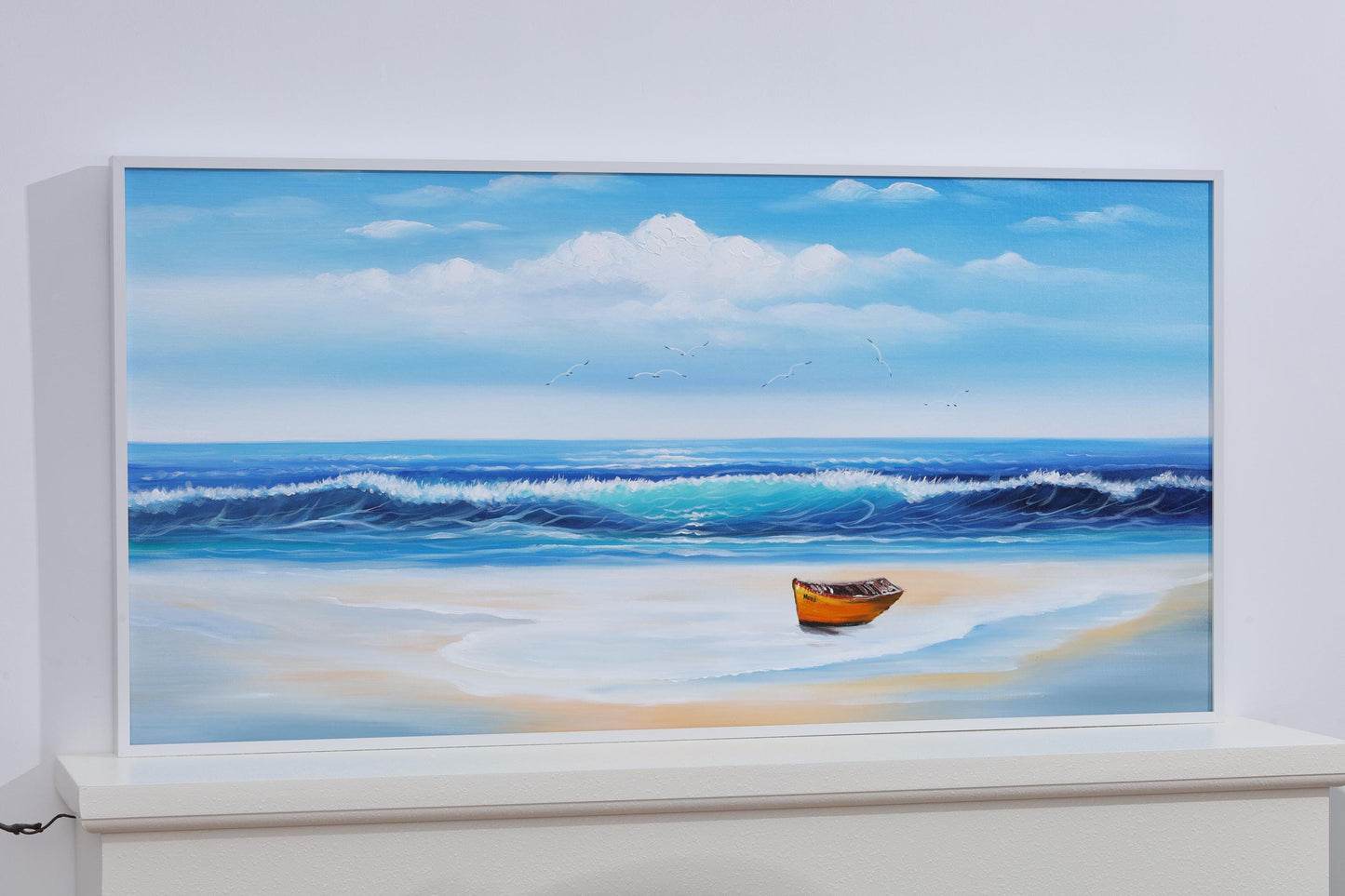 Textured Beach Seascape Painting: Original Framed Ocean Canvas Art #11