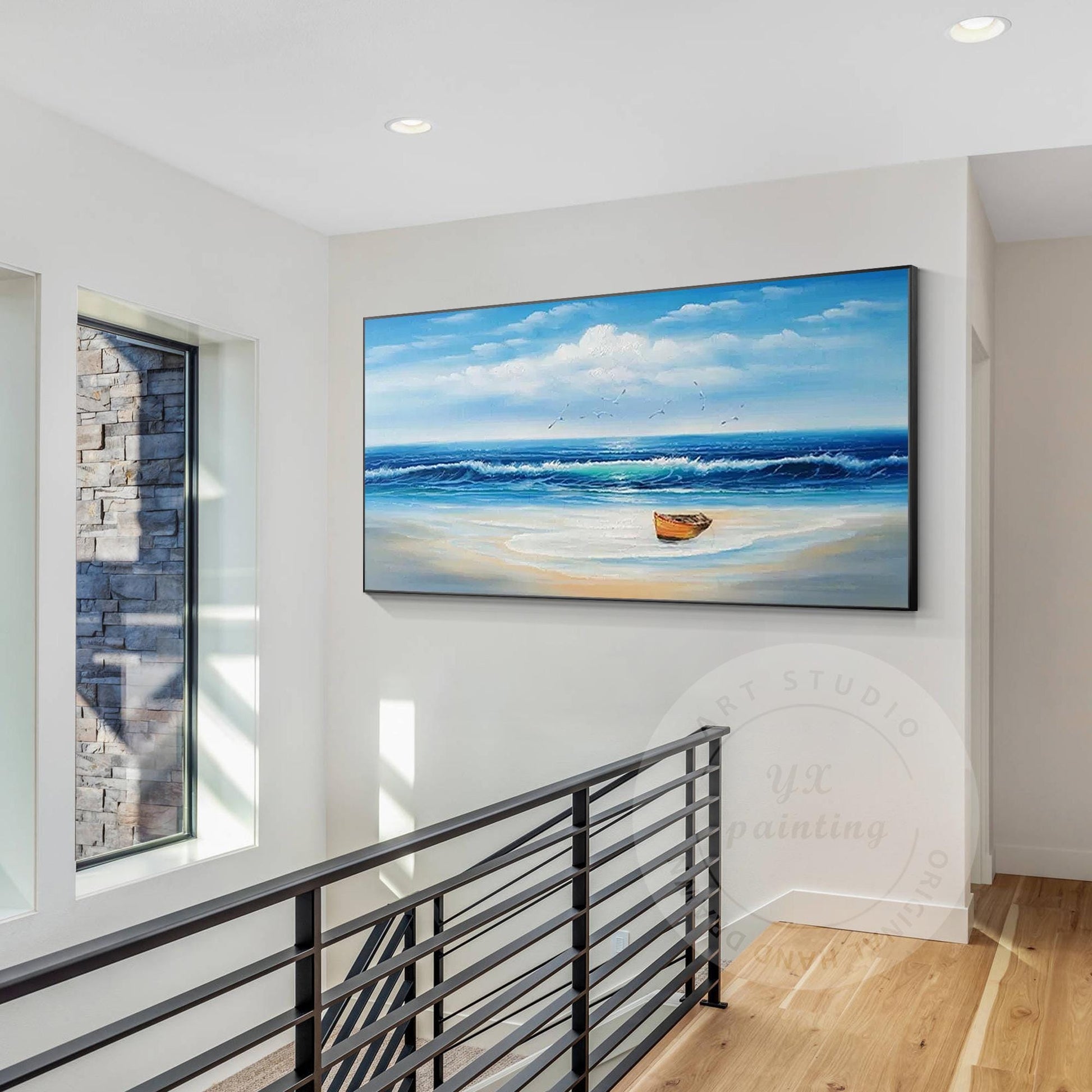 Textured Beach Seascape Painting: Original Framed Ocean Canvas Art #3