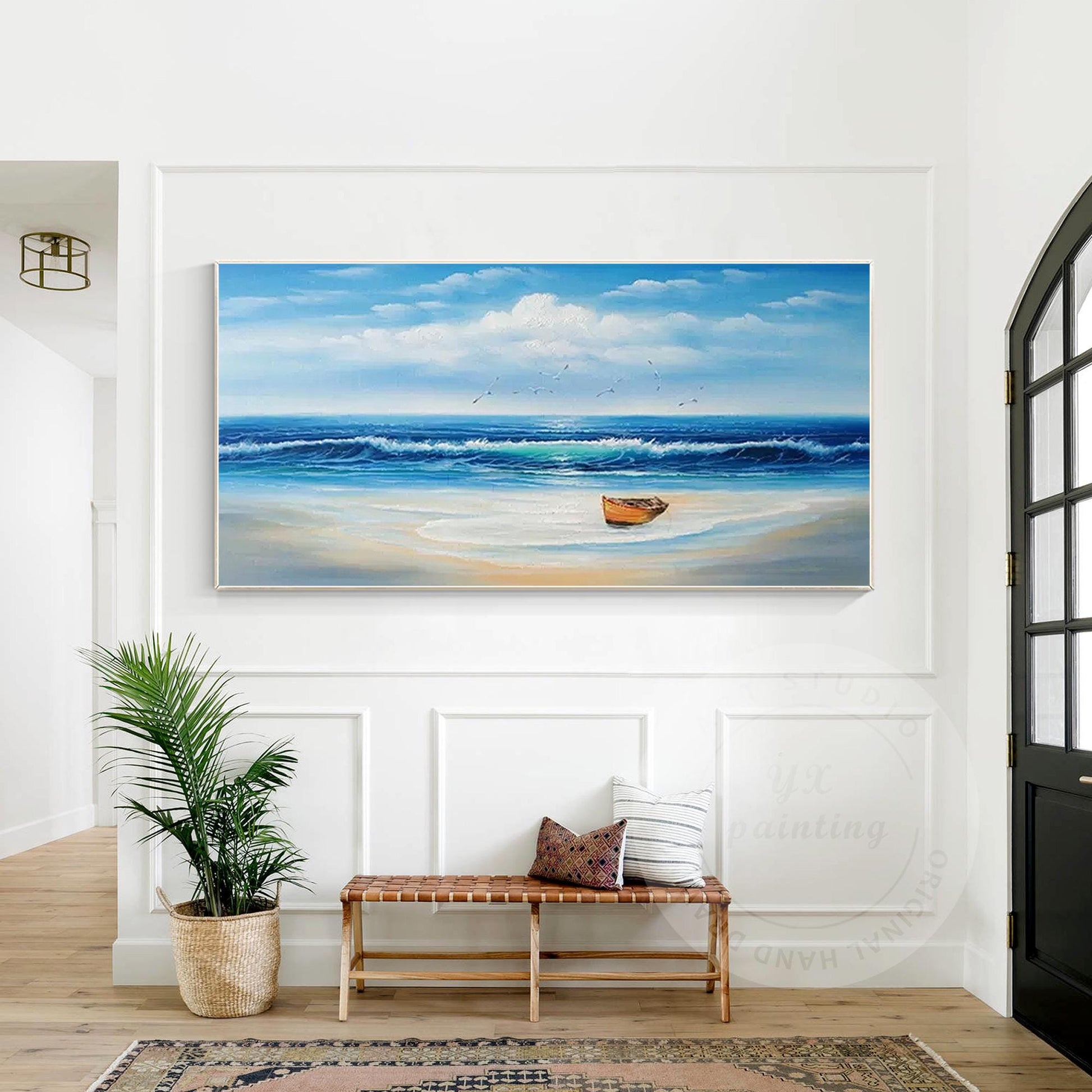 Textured Beach Seascape Painting: Original Framed Ocean Canvas Art #5
