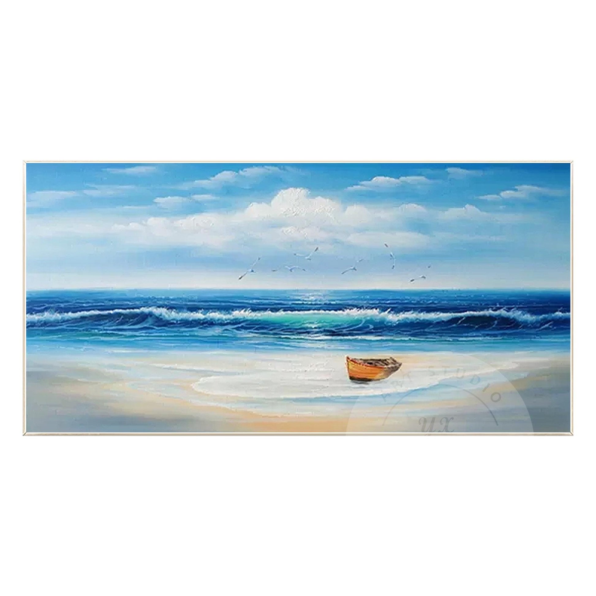 Textured Beach Seascape Painting: Original Framed Ocean Canvas Art #7