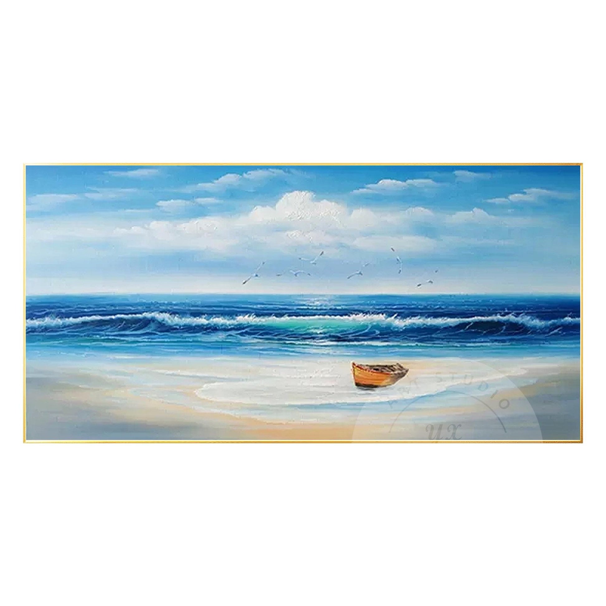 Textured Beach Seascape Painting: Original Framed Ocean Canvas Art #8