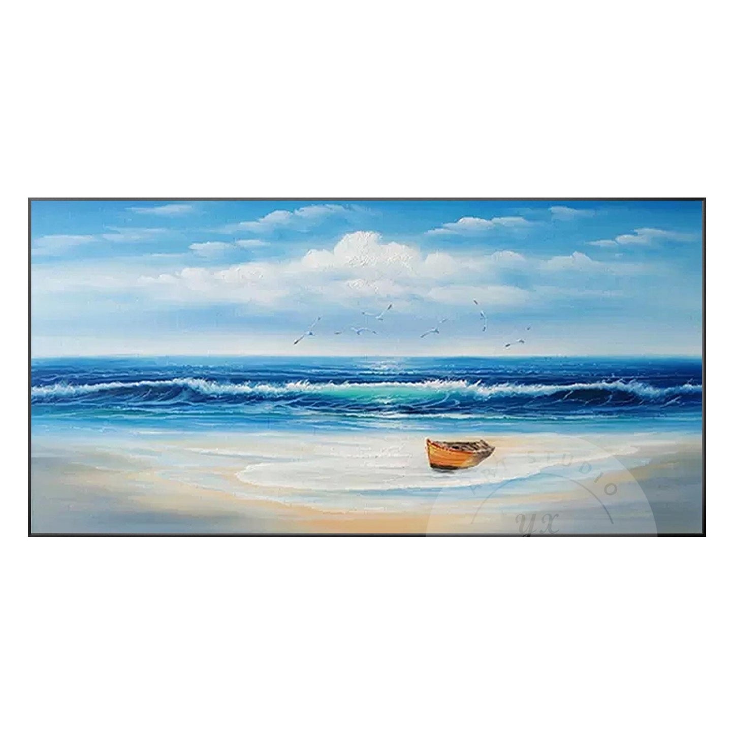 Textured Beach Seascape Painting: Original Framed Ocean Canvas Art #9