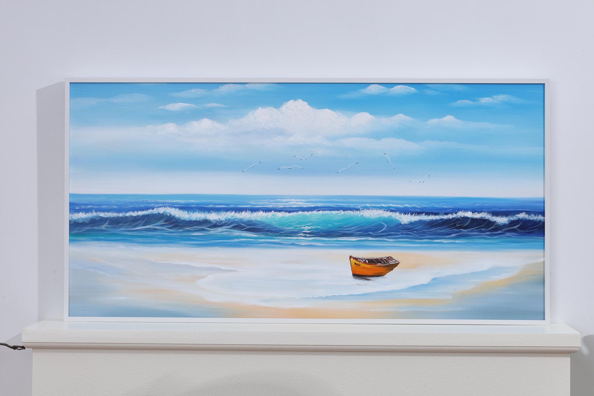 Textured Beach Seascape Painting: Original Framed Ocean Canvas Art #10