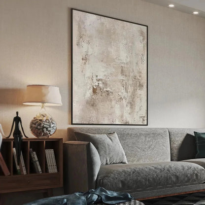 TEXTURED BEIGE ABSTRACT: Minimalist Textured Painting | gold frame stretched on neutral wall